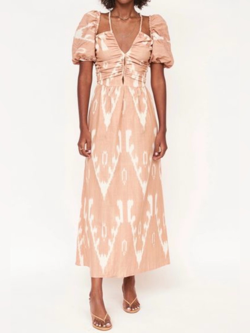 Mirth 100%cotton Rust Tie-Dye Midi Dress with Puff Sleeves size medium